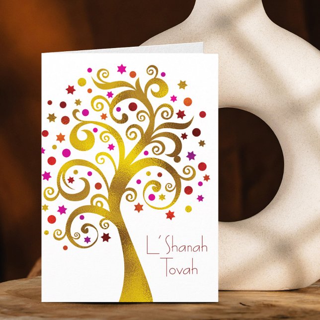 Rosh Hashanah Modern Red Gold Foil Tree of Life Card (Creator Uploaded)