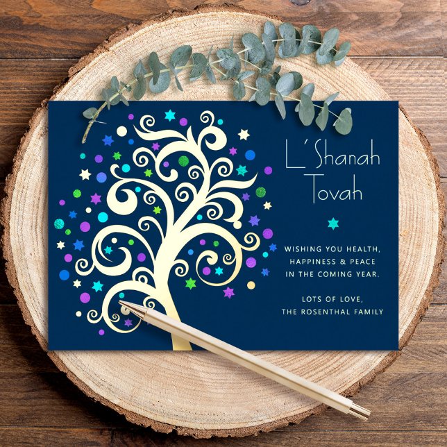 Rosh Hashanah Navy Blue Tree of Life Real Gold  Foil Holiday Card (Creator Uploaded)