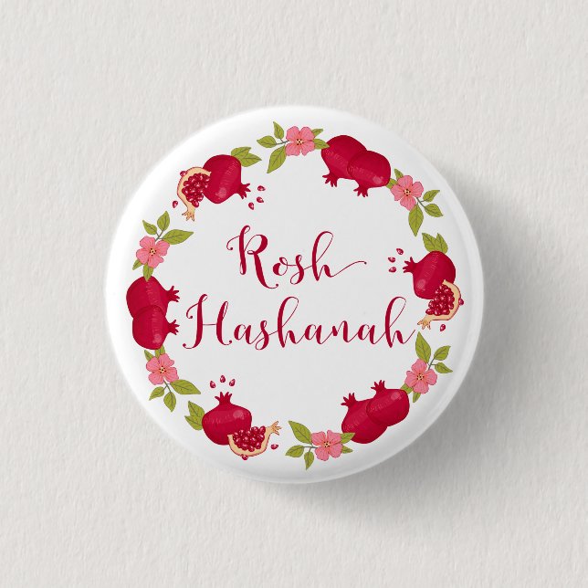 Rosh Hashanah New Year Pomegranate Flower Wreath Button (Front)