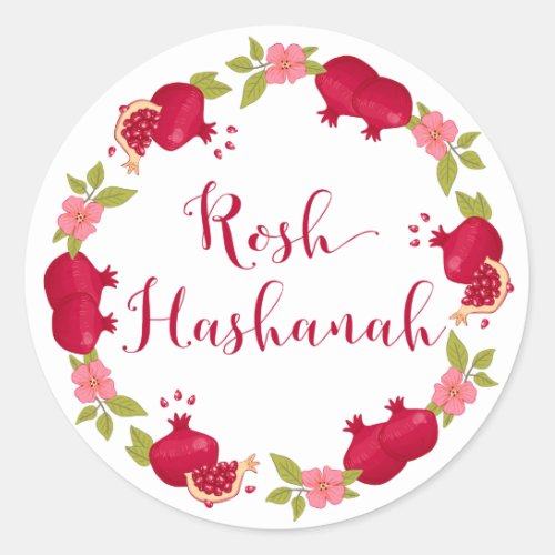 Rosh Hashanah New Year Pomegranate Flower Wreath Classic Round Sticker
