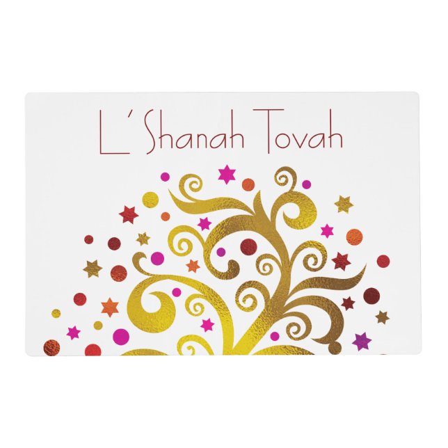 Rosh Hashanah Red Gold Chic Modern Tree of Life Placemat (Front)