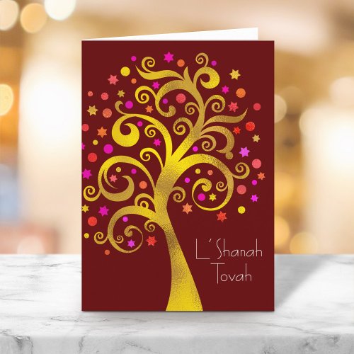 Rosh Hashanah Red Gold Foil Tree of Life Burgundy Card