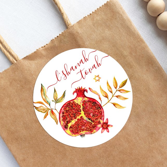 Rosh Hashanah Red Gold Pomegranate Watercolor Classic Round Sticker (Creator Uploaded)