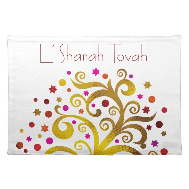 Rosh Hashanah Red Gold Tree of Life Modern Bold Cloth Placemat (Front)