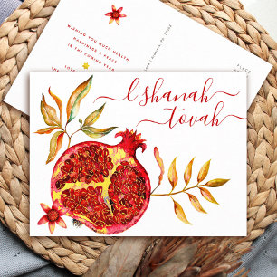 Rosh Hashanah Red Gold Watercolor Pomegranate Bold Holiday Postcard