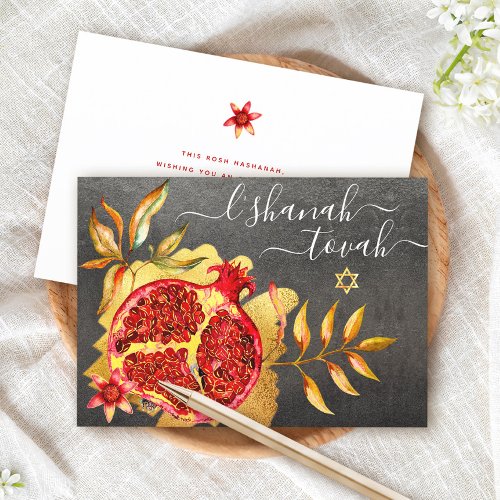 Rosh Hashanah Red Pomegranate Watercolor Gold Gray Card