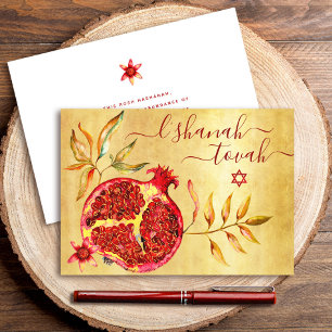Rosh Hashanah Red Pomegranate Watercolor on Gold Card