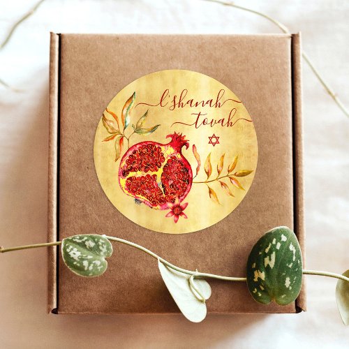 Rosh Hashanah Red Pomegranate Watercolor on Gold Classic Round Sticker