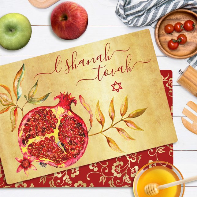 Rosh Hashanah Red Pomegranate Watercolor on Gold Placemat (Creator Uploaded)