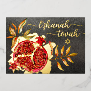 Rosh Hashanah Red Pomegranate Watercolor Real Gold Foil Holiday Card