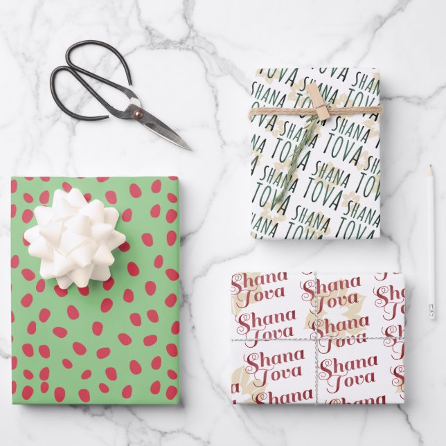 Rosh Hashanah | Shana Tova Fun & Festive Style 3 Wrapping Paper Sheets (Front)
