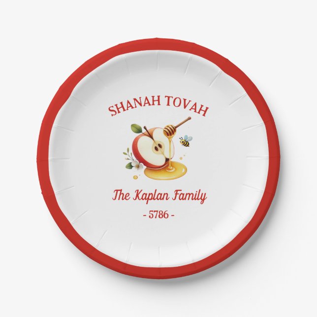 Rosh Hashanah Shanah Tovah Apple Honey Family Paper Plates (Front)