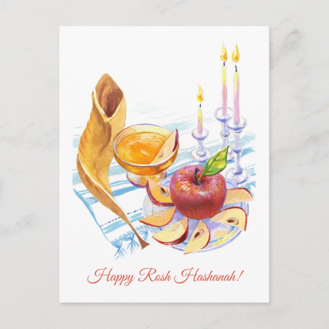 Rosh Hashanah Shofar and Honey Watercolor Art Postcard (Front)
