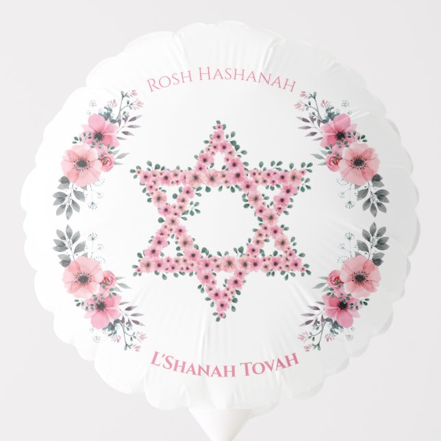 Rosh Hashanah Star of David Pink Flower White Balloon (Front)