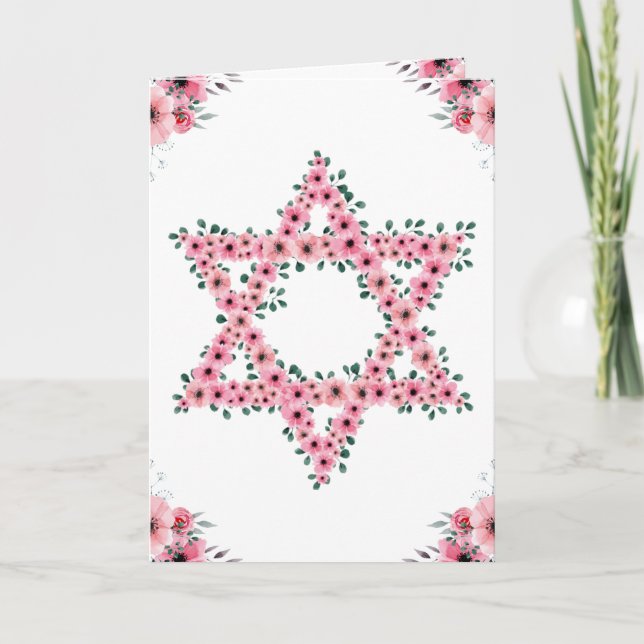 Rosh Hashanah Star of David Pink Flower White Card (Front)