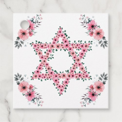 Rosh Hashanah Star of David Pink Flower White Favor Tags