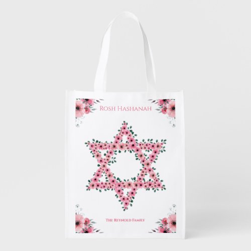 Rosh Hashanah Star of David Pink Flower White Grocery Bag