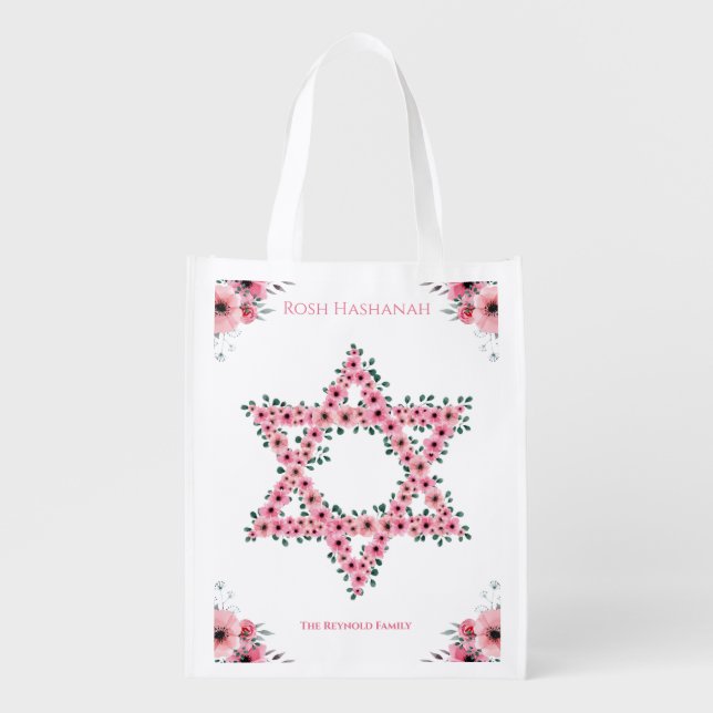 Rosh Hashanah Star of David Pink Flower White Grocery Bag (Front)