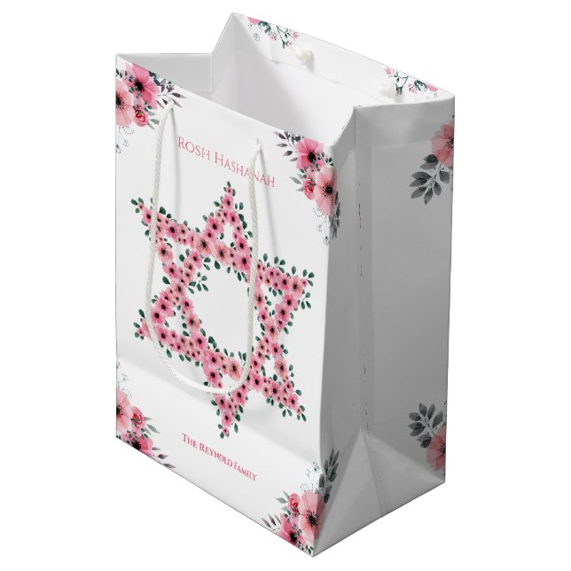 Rosh Hashanah Star of David Pink Flower White Medium Gift Bag (Front Angled)