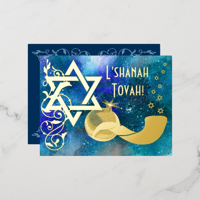 Rosh Hashanah Star Shofar Blue Real Gold Foil Card (Front/Back)