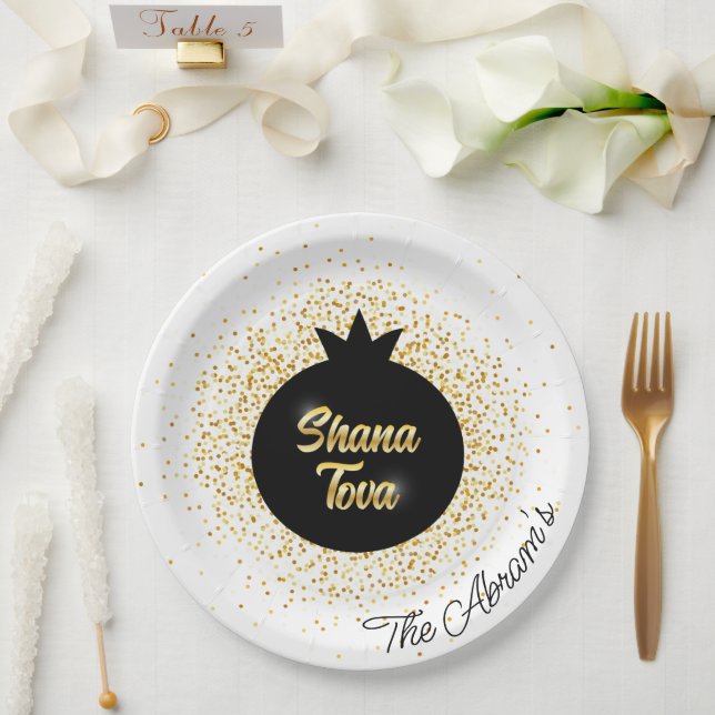 Rosh Hashanah White Black-Gold Sparkly Pomegranate Paper Plates (Wedding)