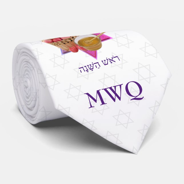 ROSH HASHANAH White Monogram Neck Tie (Rolled)