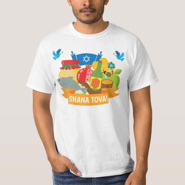🍯 🍎🐟 Rosh Hashanah with custom text T-Shirt (Front)