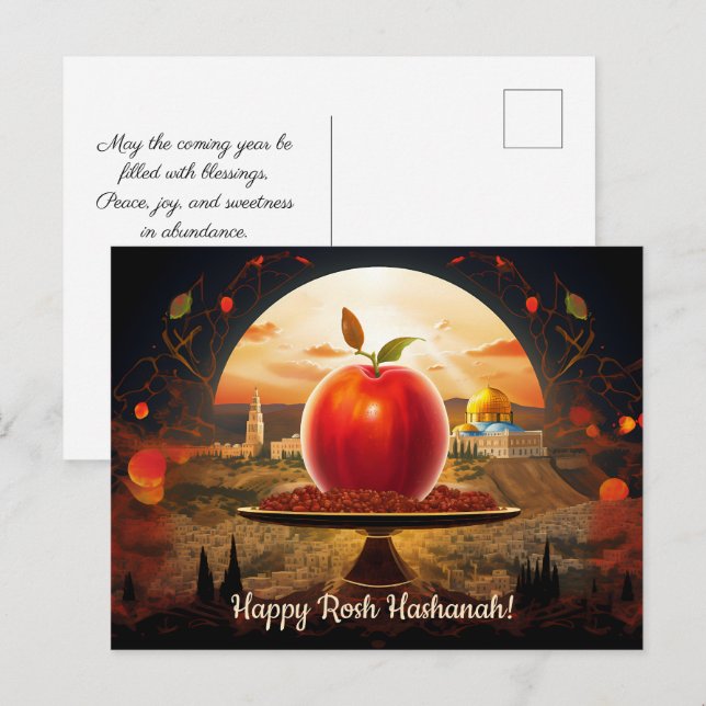 ✡️ Rosh Hashanah with Dome of Rock & apple Postcard (Front/Back)