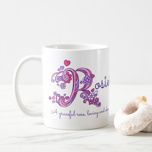 Rosie name meaning doodle flowers and hearts mug (With Donut)