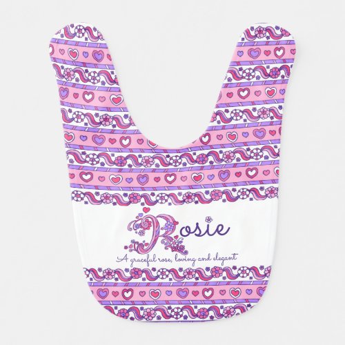 Rosie name meaning heart flower pattern baby bib