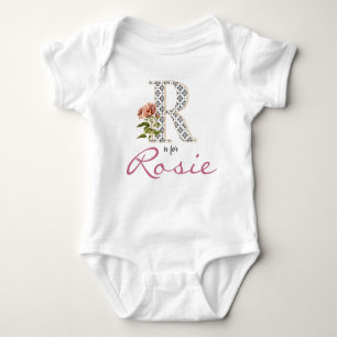 Rosie Name Reveal Floral Letter R Vintage Flower Baby Bodysuit