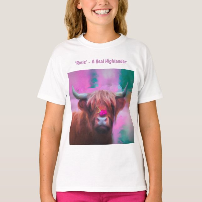 "Rosie of the Highlands" – Highland Cow Portrait T-Shirt (Front)