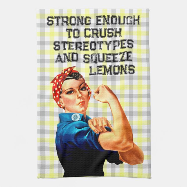 Rosie Riveter Funny Kitchen Towel Lemon Gingham  (Vertical)