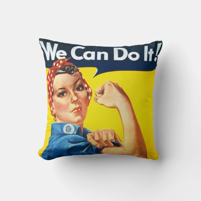 Rosie Riveter Vintage Propaganda Throw Pillow (Front)