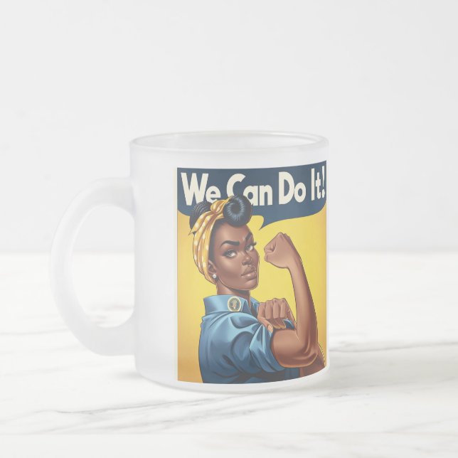 Rosie the Riveter African American Lady Frosted Glass Coffee Mug (Left)