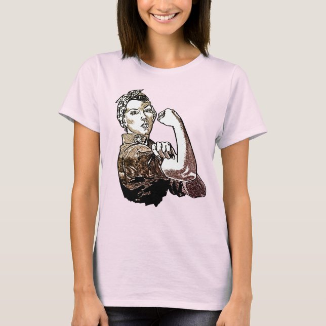 Rosie-The-Riveter Feminist Graphic Line Art Brown T-Shirt (Front)