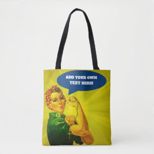 Rosie the Riveter holding the Holy Rosary Tote Bag