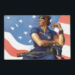 Rosie the Riveter Placemat<br><div class="desc">Artist: Norman Rockwell | Woman factory worker, flag behind, Mein Kampf at feet</div>
