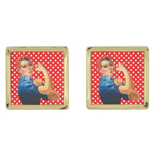 Rosie The Riveter Retro Style Gold Cufflinks