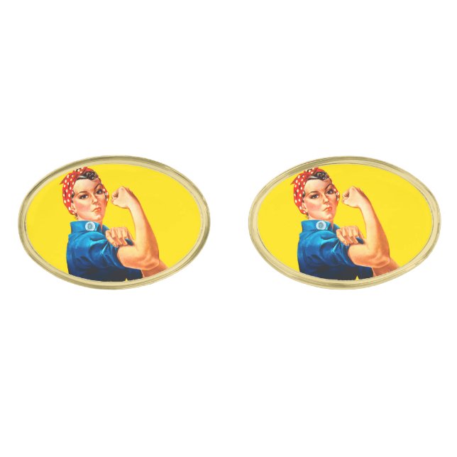 Rosie The Riveter Retro Style Gold Cufflinks (Front)