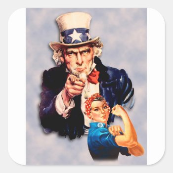 Rosie The Riveter & Uncle Sam Design Square Sticker by VintageImagesOnline at Zazzle