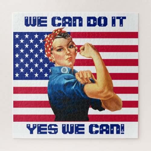 Rosie the Riveter with US Flag Motivational Slogan Jigsaw Puzzle