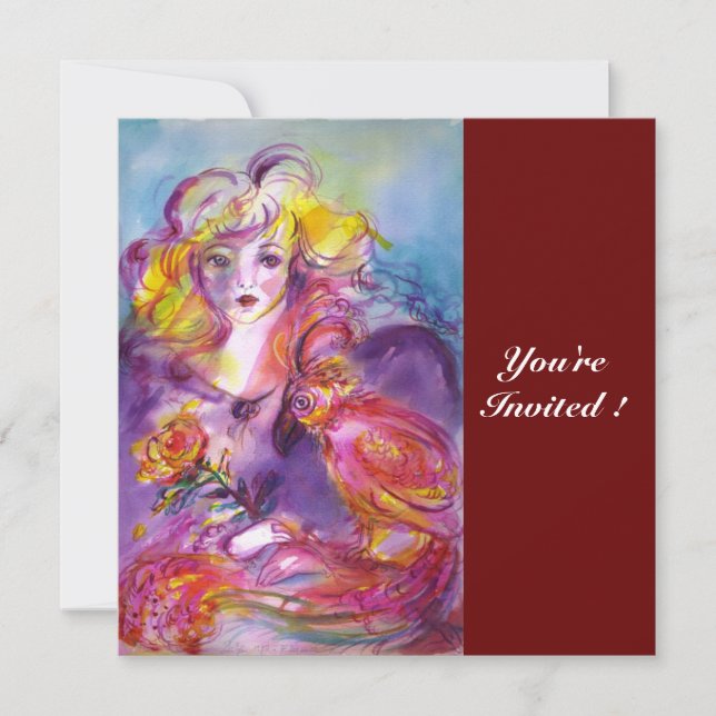 ROSINA / LADY WITH ROSE AND PARROT Pink Blue Invitation (Front)