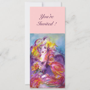 ROSINA / LADY WITH ROSE AND PARROT Pink Blue Invitation