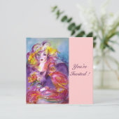 ROSINA / LADY WITH ROSE AND PARROT Pink Blue Invitation (Standing Front)