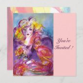 ROSINA / LADY WITH ROSE AND PARROT Pink Blue Invitation (Front/Back)