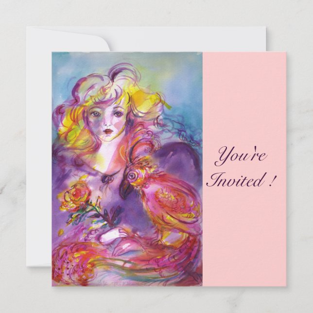 ROSINA / LADY WITH ROSE AND PARROT Pink Blue Invitation (Front)