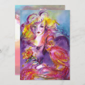 ROSINA / LADY WITH ROSE AND PARROT Pink Blue Invitation (Front/Back)
