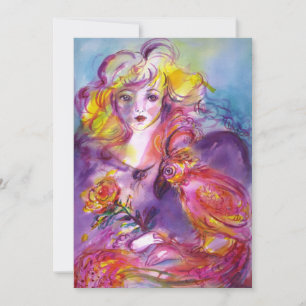 ROSINA / LADY WITH ROSE AND PARROT Pink Blue Invitation