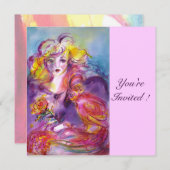 ROSINA / LADY WITH ROSE AND PARROT Pink Blue Invitation (Front/Back)